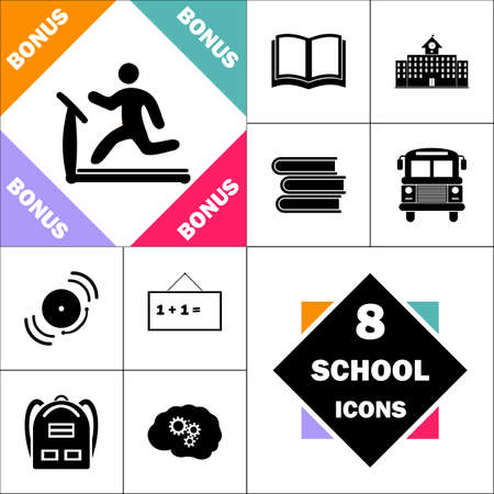 Treadmill Icon and Set Perfect Back to School pictogram. Contains such Icons as Schoolbook, School  Building, School Bus, Textbooks, Bell, Blackboard, Student Backpack, Brain Learnのイラスト素材