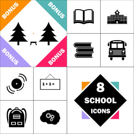 Camping  Icon and Set Perfect Back to School pictogram. Contains such Icons as Schoolbook, School  Building, School Bus, Textbooks, Bell, Blackboard, Student Backpack, Brain Learnのイラスト素材