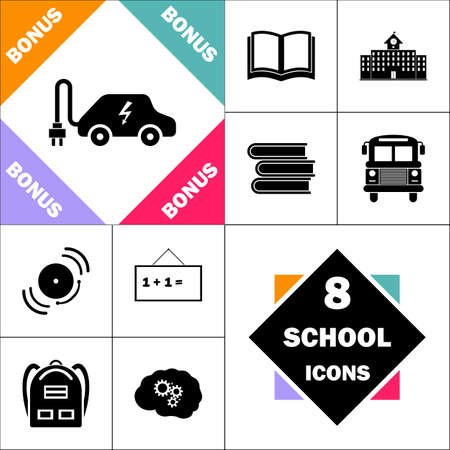 Electric car Icon and Set Perfect Back to School pictogram. Contains such Icons as Schoolbook, School  Building, School Bus, Textbooks, Bell, Blackboard, Student Backpack, Brain Learnのイラスト素材