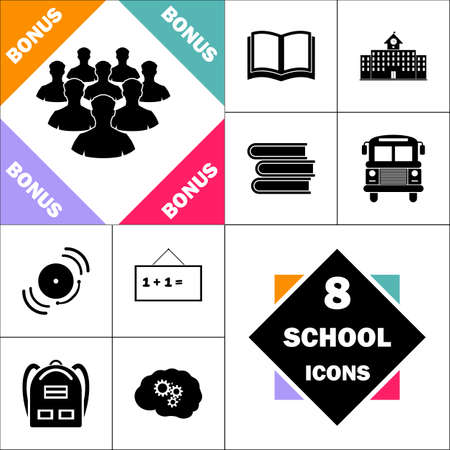 leader Icon and Set Perfect Back to School pictogram. Contains such Icons as Schoolbook, School  Building, School Bus, Textbooks, Bell, Blackboard, Student Backpack, Brain Learnのイラスト素材
