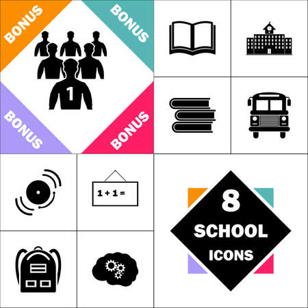 Leadership Icon and Set Perfect Back to School pictogram. Contains such Icons as Schoolbook, School  Building, School Bus, Textbooks, Bell, Blackboard, Student Backpack, Brain Learnのイラスト素材