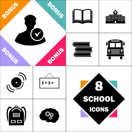 User Icon and Set Perfect Back to School pictogram. Contains such Icons as Schoolbook, School  Building, School Bus, Textbooks, Bell, Blackboard, Student Backpack, Brain Learnのイラスト素材
