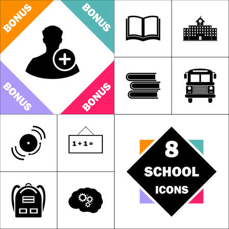 Add user Icon and Set Perfect Back to School pictogram. Contains such Icons as Schoolbook, School  Building, School Bus, Textbooks, Bell, Blackboard, Student Backpack, Brain Learnのイラスト素材