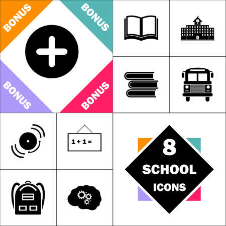 Plus Icon and Set Perfect Back to School pictogram. Contains such Icons as Schoolbook, School  Building, School Bus, Textbooks, Bell, Blackboard, Student Backpack, Brain Learnのイラスト素材