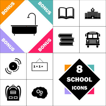 Bathtub Icon and Set Perfect Back to School pictogram. Contains such Icons as Schoolbook, School  Building, School Bus, Textbooks, Bell, Blackboard, Student Backpack, Brain Learnのイラスト素材