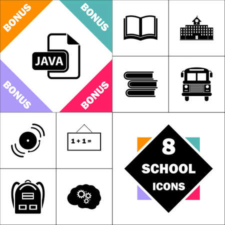 JAVA Icon and Set Perfect Back to School pictogram. Contains such Icons as Schoolbook, School  Building, School Bus, Textbooks, Bell, Blackboard, Student Backpack, Brain Learnのイラスト素材