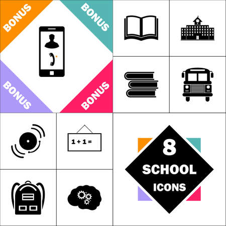incoming call Icon and Set Perfect Back to School pictogram. Contains such Icons as Schoolbook, School  Building, School Bus, Textbooks, Bell, Blackboard, Student Backpack, Brain Learnのイラスト素材