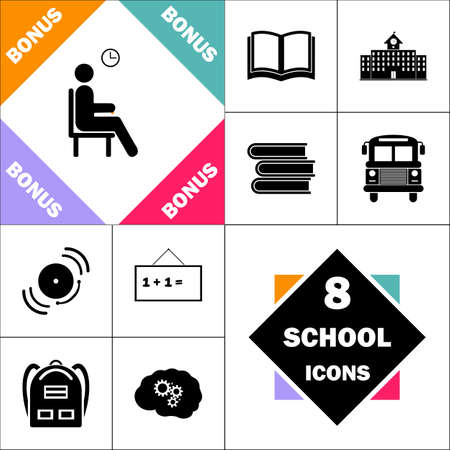 Waiting Icon and Set Perfect Back to School pictogram. Contains such Icons as Schoolbook, School  Building, School Bus, Textbooks, Bell, Blackboard, Student Backpack, Brain Learnのイラスト素材