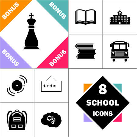 Chess king Icon and Set Perfect Back to School pictogram. Contains such Icons as Schoolbook, School  Building, School Bus, Textbooks, Bell, Blackboard, Student Backpack, Brain Learnのイラスト素材