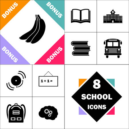 Banana Icon and Set Perfect Back to School pictogram. Contains such Icons as Schoolbook, School  Building, School Bus, Textbooks, Bell, Blackboard, Student Backpack, Brain Learnのイラスト素材