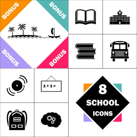 Island Icon and Set Perfect Back to School pictogram. Contains such Icons as Schoolbook, School  Building, School Bus, Textbooks, Bell, Blackboard, Student Backpack, Brain Learnのイラスト素材