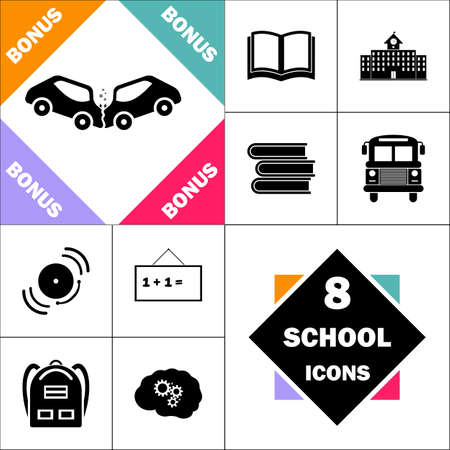 crash Icon and Set Perfect Back to School pictogram. Contains such Icons as Schoolbook, School  Building, School Bus, Textbooks, Bell, Blackboard, Student Backpack, Brain Learnのイラスト素材