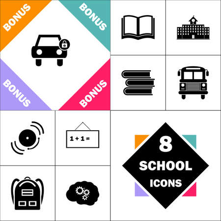 Car lock Icon and Set Perfect Back to School pictogram. Contains such Icons as Schoolbook, School  Building, School Bus, Textbooks, Bell, Blackboard, Student Backpack, Brain Learnのイラスト素材