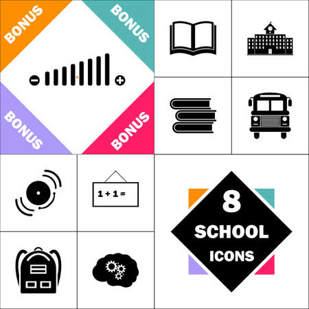 Volume adjustment Icon and Set Perfect Back to School pictogram. Contains such Icons as Schoolbook, School  Building, School Bus, Textbooks, Bell, Blackboard, Student Backpack, Brain Learnのイラスト素材