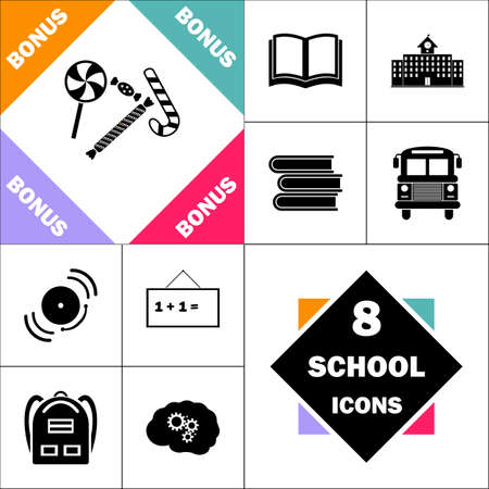 Sweets Icon and Set Perfect Back to School pictogram. Contains such Icons as Schoolbook, School  Building, School Bus, Textbooks, Bell, Blackboard, Student Backpack, Brain Learnのイラスト素材