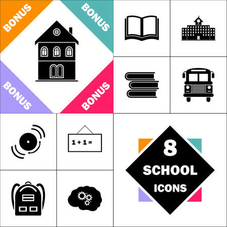 building Icon and Set Perfect Back to School pictogram. Contains such Icons as Schoolbook, School  Building, School Bus, Textbooks, Bell, Blackboard, Student Backpack, Brain Learnのイラスト素材