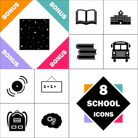 Starry night Icon and Set Perfect Back to School pictogram. Contains such Icons as Schoolbook, School  Building, School Bus, Textbooks, Bell, Blackboard, Student Backpack, Brain Learnのイラスト素材