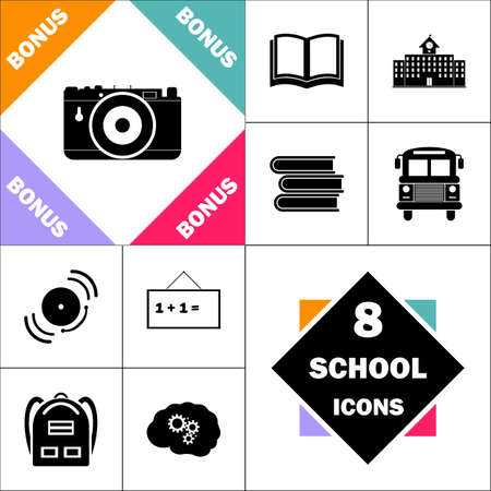 Photo camera Icon and Set Perfect Back to School pictogram. Contains such Icons as Schoolbook, School  Building, School Bus, Textbooks, Bell, Blackboard, Student Backpack, Brain Learnのイラスト素材