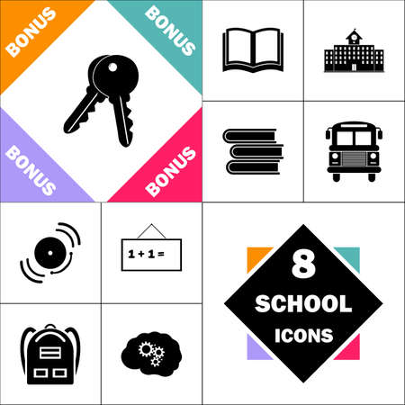 Keys Icon and Set Perfect Back to School pictogram. Contains such Icons as Schoolbook, School  Building, School Bus, Textbooks, Bell, Blackboard, Student Backpack, Brain Learnのイラスト素材