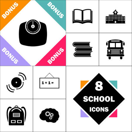 Bathroom scale Icon and Set Perfect Back to School pictogram. Contains such Icons as Schoolbook, School  Building, School Bus, Textbooks, Bell, Blackboard, Student Backpack, Brain Learnのイラスト素材