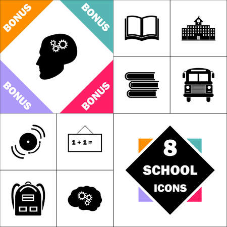 Head gears Icon and Set Perfect Back to School pictogram. Contains such Icons as Schoolbook, School  Building, School Bus, Textbooks, Bell, Blackboard, Student Backpack, Brain Learnのイラスト素材
