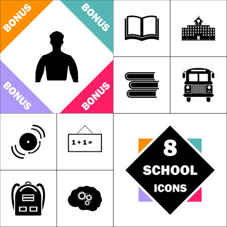 Unknown male Icon and Set Perfect Back to School pictogram. Contains such Icons as Schoolbook, School  Building, School Bus, Textbooks, Bell, Blackboard, Student Backpack, Brain Learnのイラスト素材