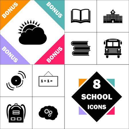 sun and cloud Icon and Set Perfect Back to School pictogram. Contains such Icons as Schoolbook, School  Building, School Bus, Textbooks, Bell, Blackboard, Student Backpack, Brain Learnのイラスト素材