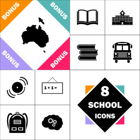 Australia Icon and Set Perfect Back to School pictogram. Contains such Icons as Schoolbook, School  Building, School Bus, Textbooks, Bell, Blackboard, Student Backpack, Brain Learnのイラスト素材