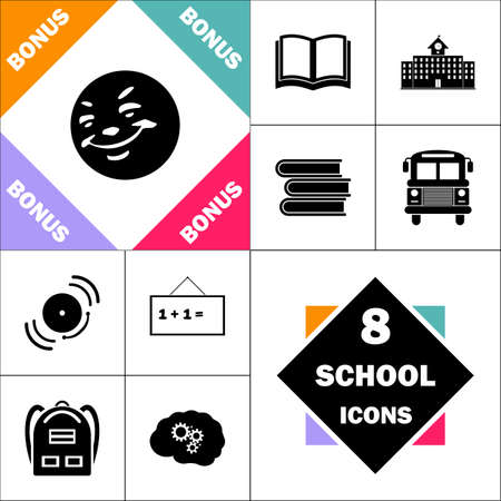 Happy face Icon and Set Perfect Back to School pictogram. Contains such Icons as Schoolbook, School  Building, School Bus, Textbooks, Bell, Blackboard, Student Backpack, Brain Learnのイラスト素材