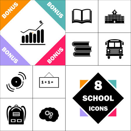 Graph Icon and Set Perfect Back to School pictogram. Contains such Icons as Schoolbook, School  Building, School Bus, Textbooks, Bell, Blackboard, Student Backpack, Brain Learnのイラスト素材