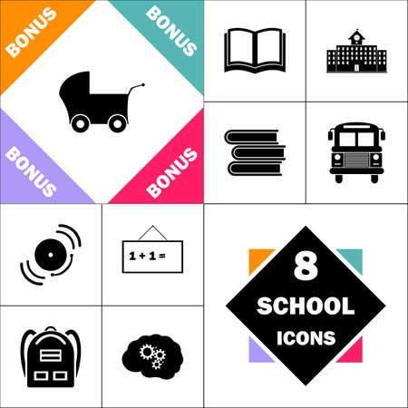 Baby Stroller Icon and Set Perfect Back to School pictogram. Contains such Icons as Schoolbook, School  Building, School Bus, Textbooks, Bell, Blackboard, Student Backpack, Brain Learnのイラスト素材