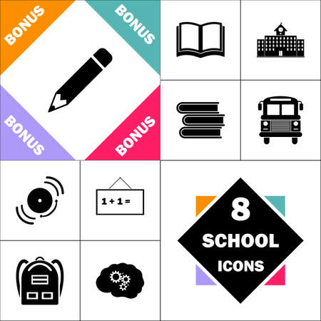 Pencil Icon and Set Perfect Back to School pictogram. Contains such Icons as Schoolbook, School  Building, School Bus, Textbooks, Bell, Blackboard, Student Backpack, Brain Learnのイラスト素材