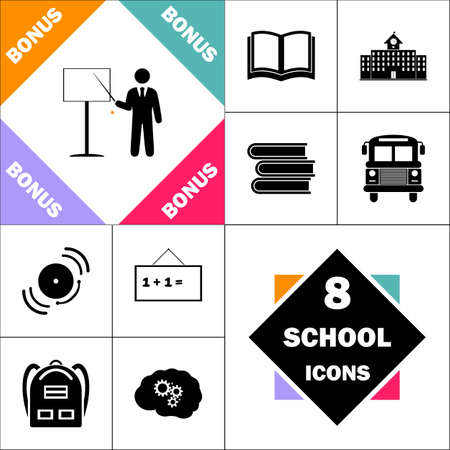 Training Icon and Set Perfect Back to School pictogram. Contains such Icons as Schoolbook, School  Building, School Bus, Textbooks, Bell, Blackboard, Student Backpack, Brain Learnのイラスト素材