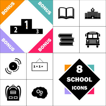 Podium Icon and Set Perfect Back to School pictogram. Contains such Icons as Schoolbook, School  Building, School Bus, Textbooks, Bell, Blackboard, Student Backpack, Brain Learnのイラスト素材