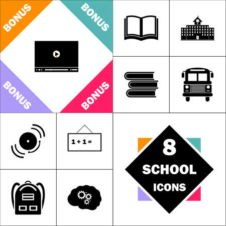 Video player Icon and Set Perfect Back to School pictogram. Contains such Icons as Schoolbook, School  Building, School Bus, Textbooks, Bell, Blackboard, Student Backpack, Brain Learnのイラスト素材