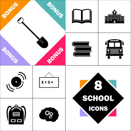 Shovel Icon and Set Perfect Back to School pictogram. Contains such Icons as Schoolbook, School  Building, School Bus, Textbooks, Bell, Blackboard, Student Backpack, Brain Learnのイラスト素材