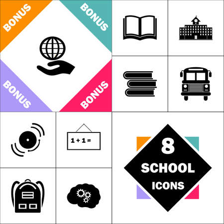 save earth Icon and Set Perfect Back to School pictogram. Contains such Icons as Schoolbook, School  Building, School Bus, Textbooks, Bell, Blackboard, Student Backpack, Brain Learnのイラスト素材