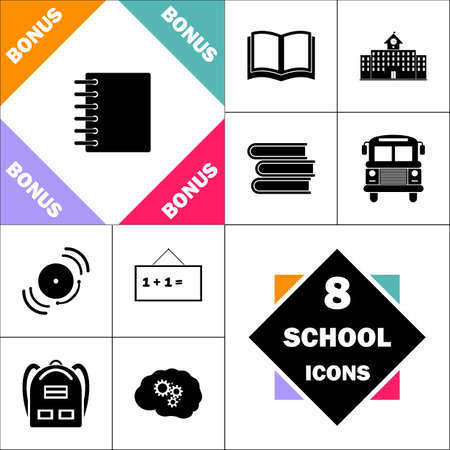notepad Icon and Set Perfect Back to School pictogram. Contains such Icons as Schoolbook, School  Building, School Bus, Textbooks, Bell, Blackboard, Student Backpack, Brain Learnのイラスト素材