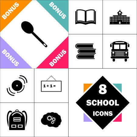 Spoon Icon and Set Perfect Back to School pictogram. Contains such Icons as Schoolbook, School  Building, School Bus, Textbooks, Bell, Blackboard, Student Backpack, Brain Learnのイラスト素材