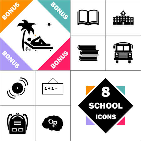 beach Icon and Set Perfect Back to School pictogram. Contains such Icons as Schoolbook, School  Building, School Bus, Textbooks, Bell, Blackboard, Student Backpack, Brain Learnのイラスト素材