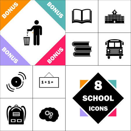 Bin Icon and Set Perfect Back to School pictogram. Contains such Icons as Schoolbook, School  Building, School Bus, Textbooks, Bell, Blackboard, Student Backpack, Brain Learnのイラスト素材