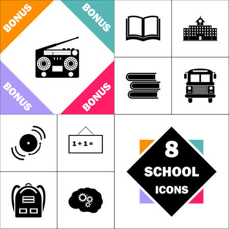 boombox Icon and Set Perfect Back to School pictogram. Contains such Icons as Schoolbook, School  Building, School Bus, Textbooks, Bell, Blackboard, Student Backpack, Brain Learnのイラスト素材