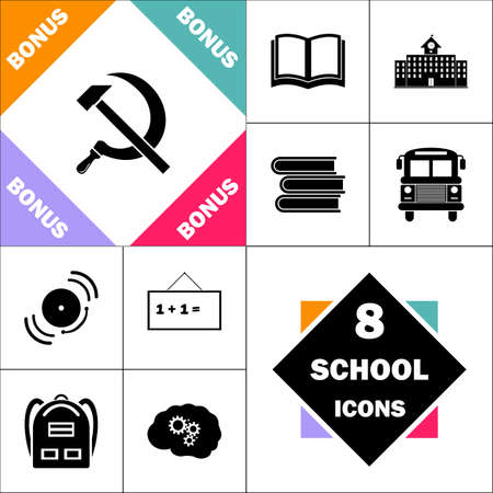 ussr Icon and Set Perfect Back to School pictogram. Contains such Icons as Schoolbook, School  Building, School Bus, Textbooks, Bell, Blackboard, Student Backpack, Brain Learnのイラスト素材