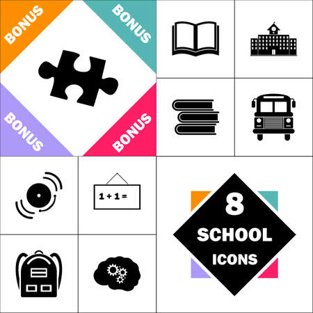Puzzle Icon and Set Perfect Back to School pictogram. Contains such Icons as Schoolbook, School  Building, School Bus, Textbooks, Bell, Blackboard, Student Backpack, Brain Learnのイラスト素材