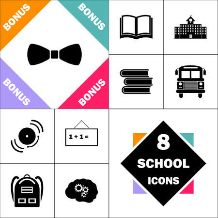 bow tie Icon and Set Perfect Back to School pictogram. Contains such Icons as Schoolbook, School  Building, School Bus, Textbooks, Bell, Blackboard, Student Backpack, Brain Learnのイラスト素材