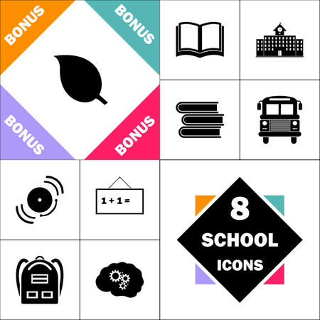 Leaf Icon and Set Perfect Back to School pictogram. Contains such Icons as Schoolbook, School  Building, School Bus, Textbooks, Bell, Blackboard, Student Backpack, Brain Learnのイラスト素材