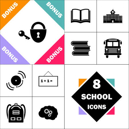 Padlock and key Icon and Set Perfect Back to School pictogram. Contains such Icons as Schoolbook, School  Building, School Bus, Textbooks, Bell, Blackboard, Student Backpack, Brain Learnのイラスト素材