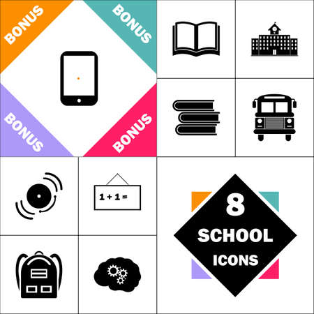tablet Icon and Set Perfect Back to School pictogram. Contains such Icons as Schoolbook, School  Building, School Bus, Textbooks, Bell, Blackboard, Student Backpack, Brain Learnのイラスト素材