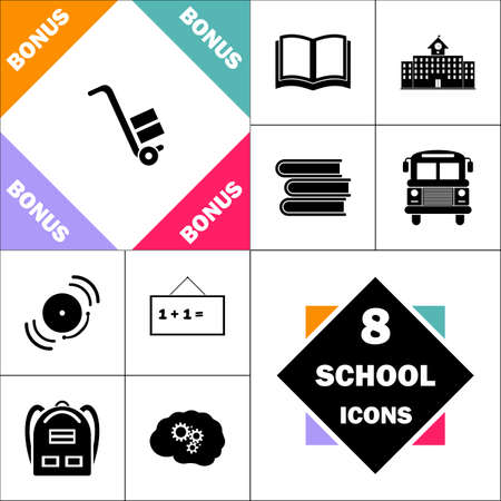 forklift Icon and Set Perfect Back to School pictogram. Contains such Icons as Schoolbook, School  Building, School Bus, Textbooks, Bell, Blackboard, Student Backpack, Brain Learnのイラスト素材