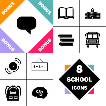 Quote Icon and Set Perfect Back to School pictogram. Contains such Icons as Schoolbook, School  Building, School Bus, Textbooks, Bell, Blackboard, Student Backpack, Brain Learnのイラスト素材